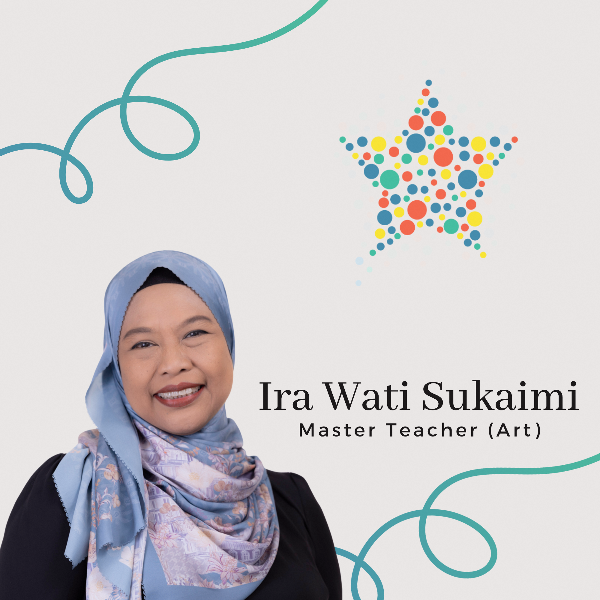 Profile photo of Ira Wati Sukaimi, Master Teacher (Art). A portrait of her wearing a light blue patterned hijab, smiling warmly at the camera.